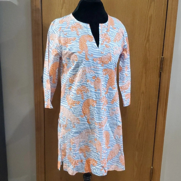 Gretchen Scott blue orange tiger leopard big cat pattern tunic top - Picture 1 of 8